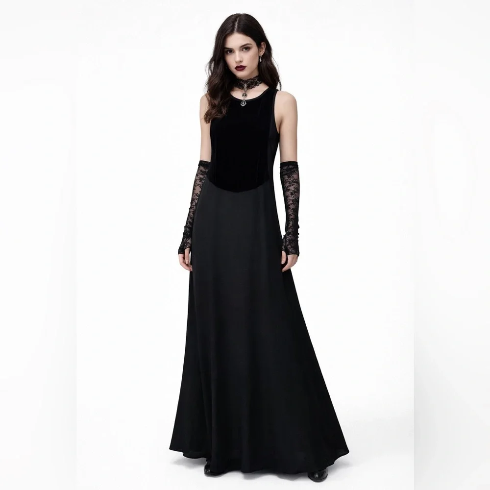 Black Velvet & Mesh Maxi Dress Sheer Back Sleeveless Minimalist Whimsigoth‎ M